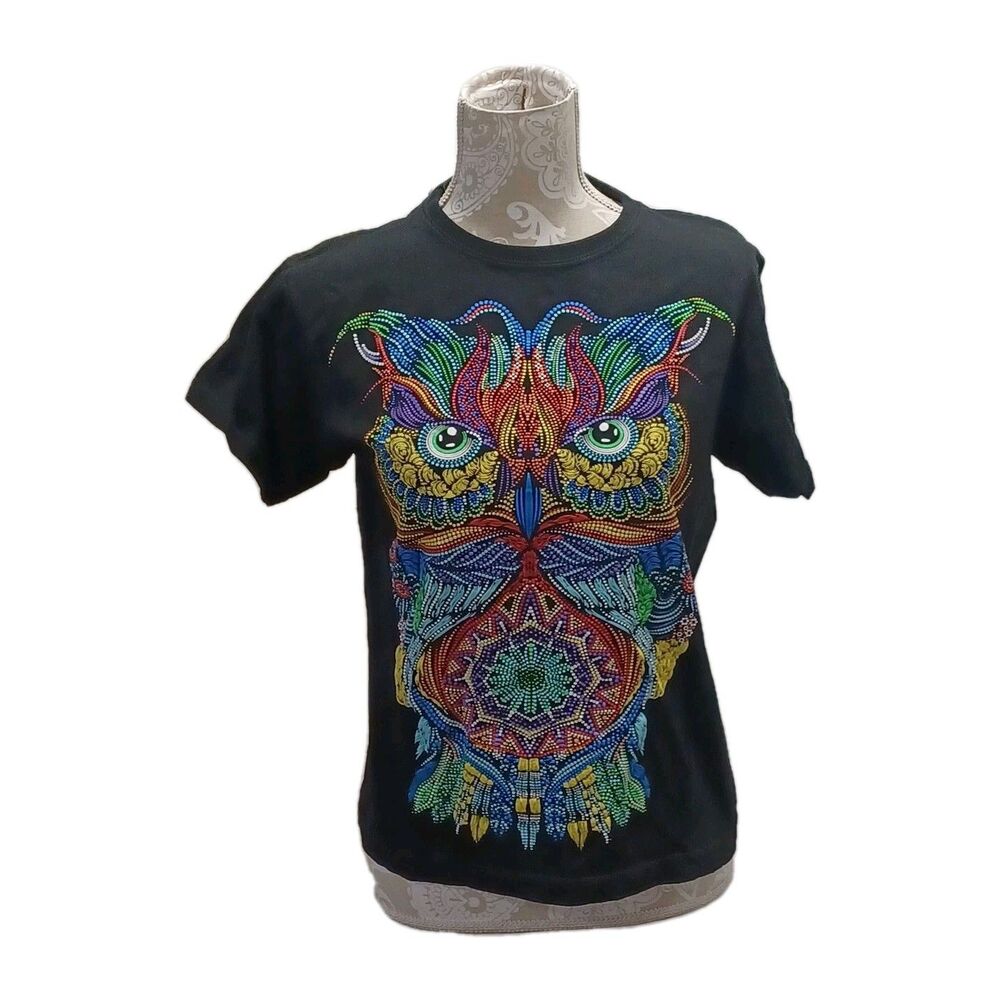 Rock Dreams Black Owl Embellished T- Shirt Size Small